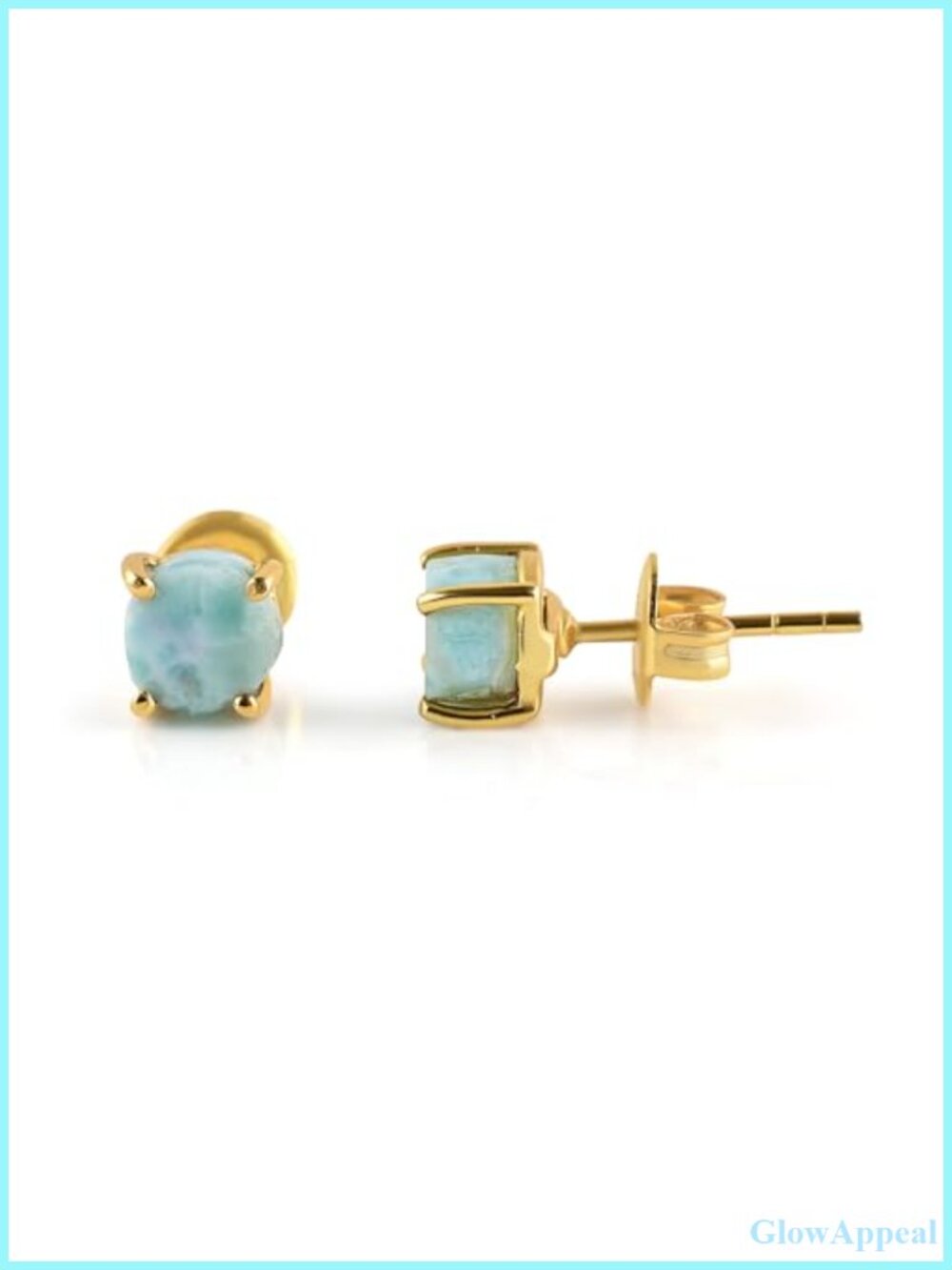 14K Gold Plated Larimar Gemstone Stud Earrings for Women Round Raw Slice